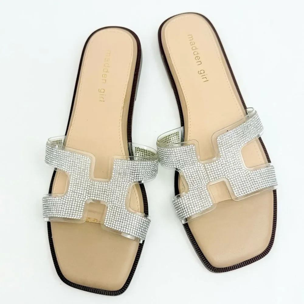 Madden Girl HAILEY Silver Rhinestone Sparkle H Strap Slip On Slide Sandals